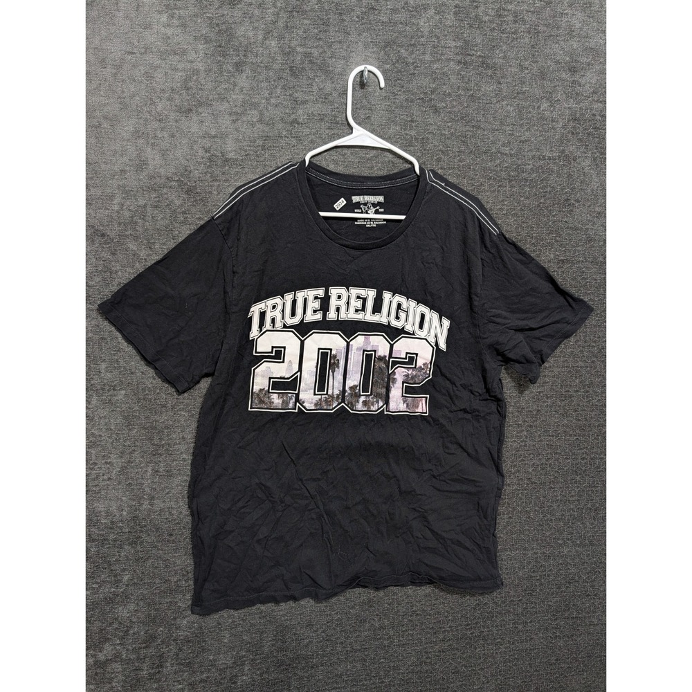 True Religion Mens Black Graphic T-Shirt 2002 Palm Tree Logo XXL Short Sleeve